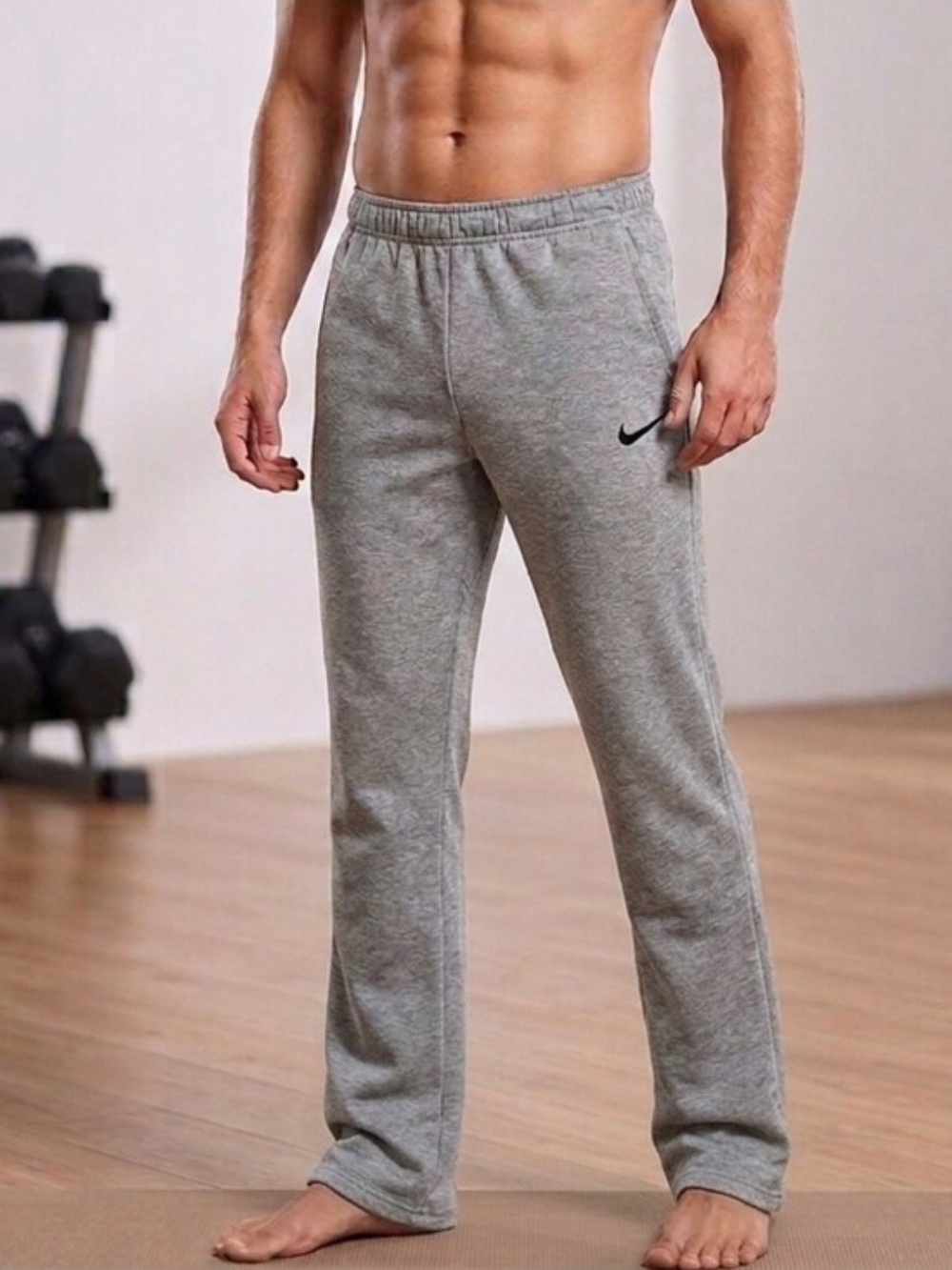 NIKE Men's Light Gray Straight-Leg Sweatpants with Black Swoosh Small